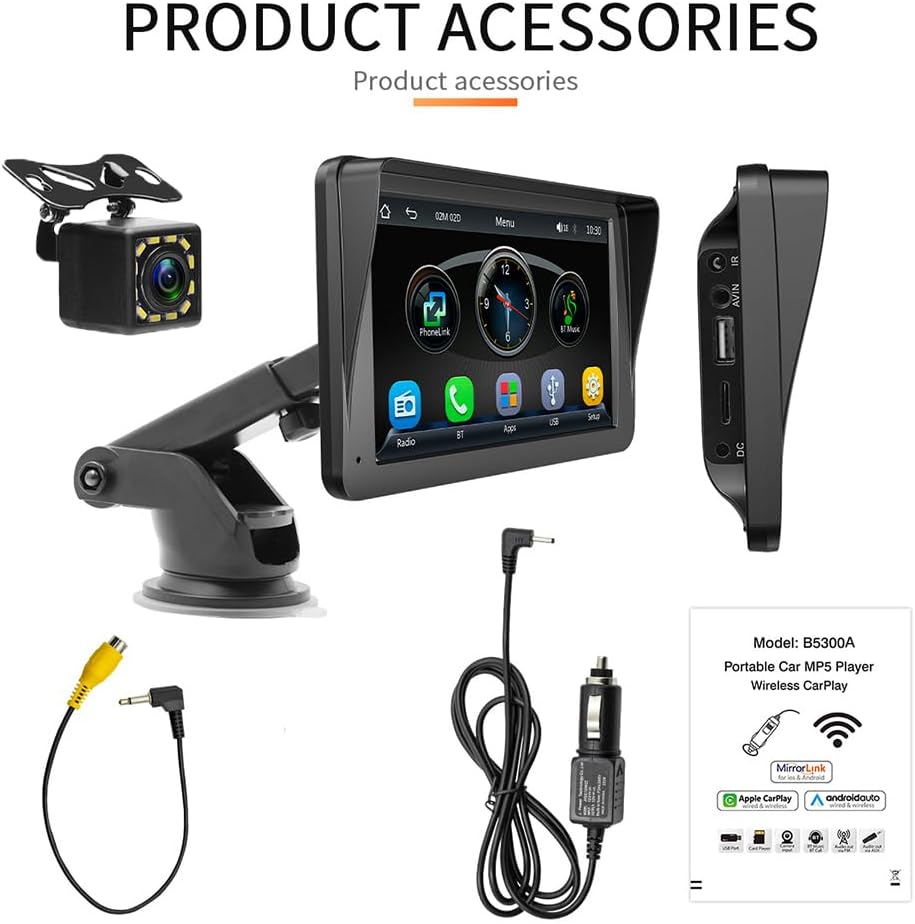 Carplay Screen for Car, 7" Wireless Carplay & Android Auto Portable Car Stereo with Mirror Link, GPS Navigation, Voice Control, Bluetooth/AUX/FM Transmitter, Plug & Play Car Play Screen