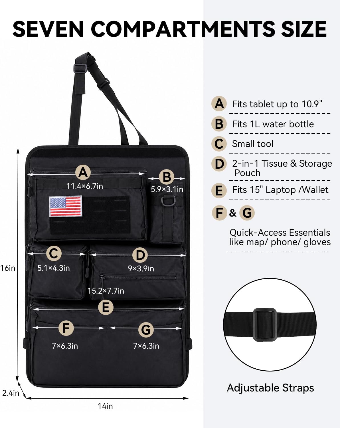 Tactical Car Seat Back Organizer Kit, MOLLE Vehicle Seat Organizer with Storage Panel, Strap, Hooks & Trash Bags, Universal Car Accessories for Truck SUV Jeep Interior Storage Organizer