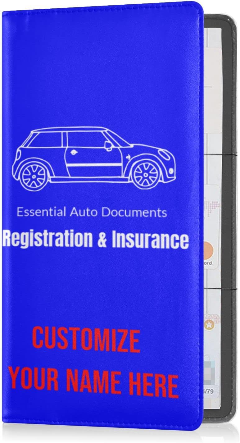 Custom Car Registration and Insurance Card Holder Personalized Leather Glove Box Organize Men Women Wallet Accessories Case for Cards, Essential Document Driver License Blue