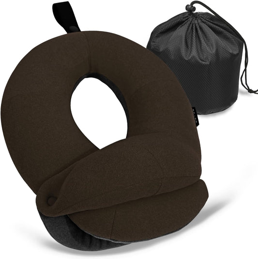 BUYUE Kids Travel Pillows for Airplane, Memory Foam 360° Head Support Sleeping Essentials for Boys Long Flight, Skin-Friendly Soft Neck Pillow for Traveling in Car Seat, (Small, Brown Grey, 40-90 lbs)