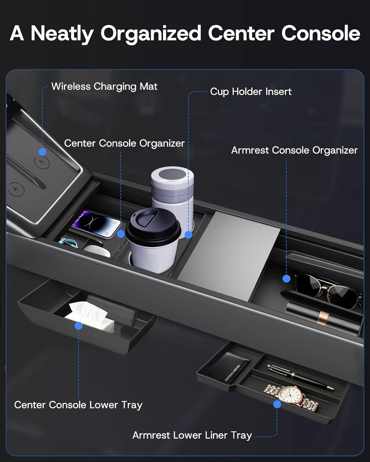 Center Console Organizer Tray for Tesla Model Y Juniper 2026 2025 (Premium &amp; Performance), 8PCS - PC Material &amp; Silent Silicone Armrest Storage Box Bottom Liners Wireless Charging Pad Cup Holder