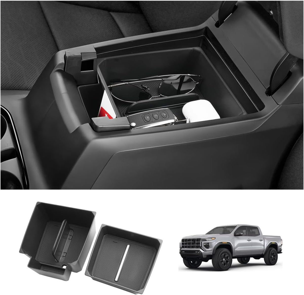 LUWU Center Console Organizer for 2023 2024 2025 2026 Chevrolet Colorado & GMC Canyon Accessories Armrest Console Storage Box Glove Organizer Tray ABS Material Double-layer Design Storage Box (Black)
