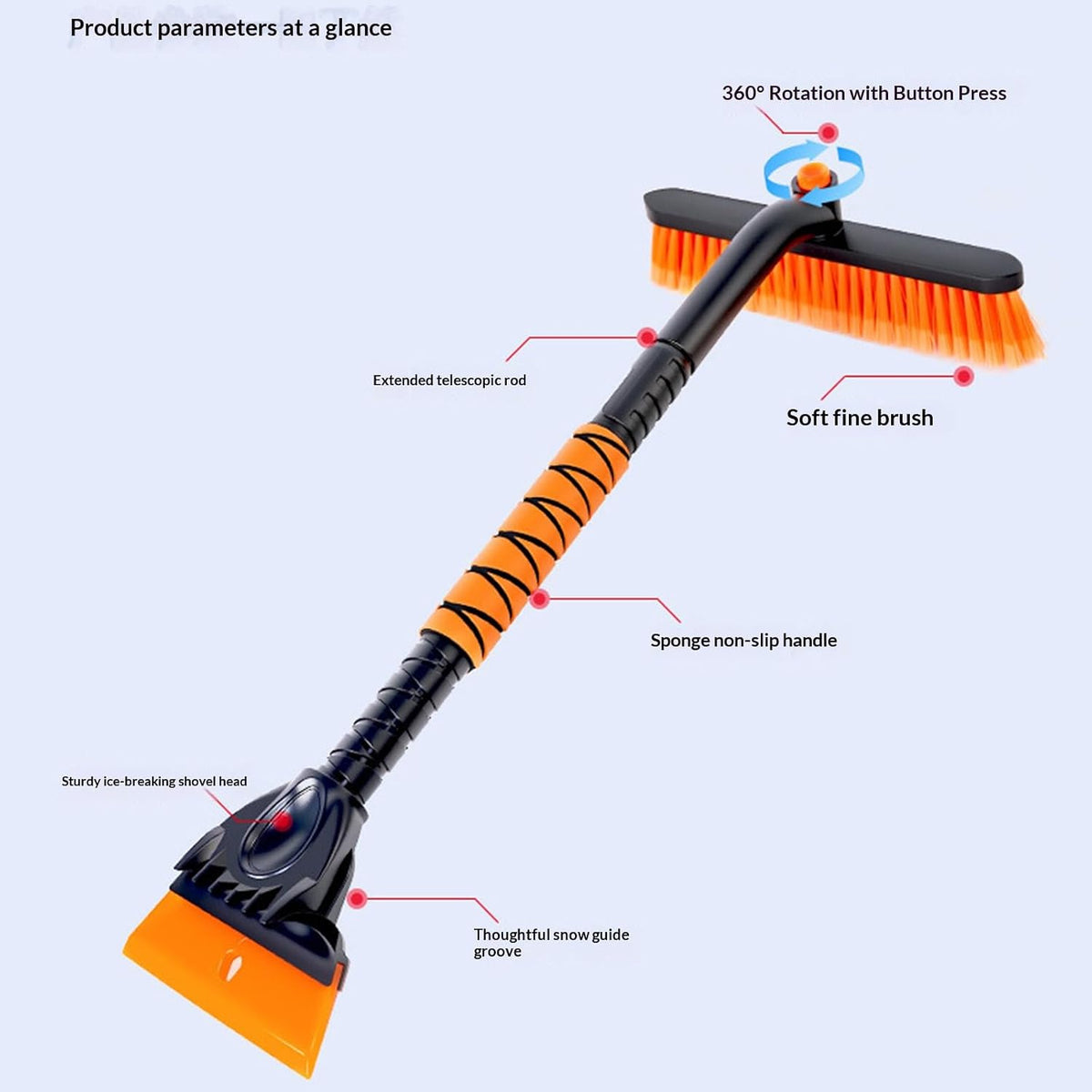 2-in-1 Snow Brush for Car with Ice Scraper Extendable & Removable 360° Pivoting Brush Head, EVA Foam Grip for SUV, Trucks, Auto