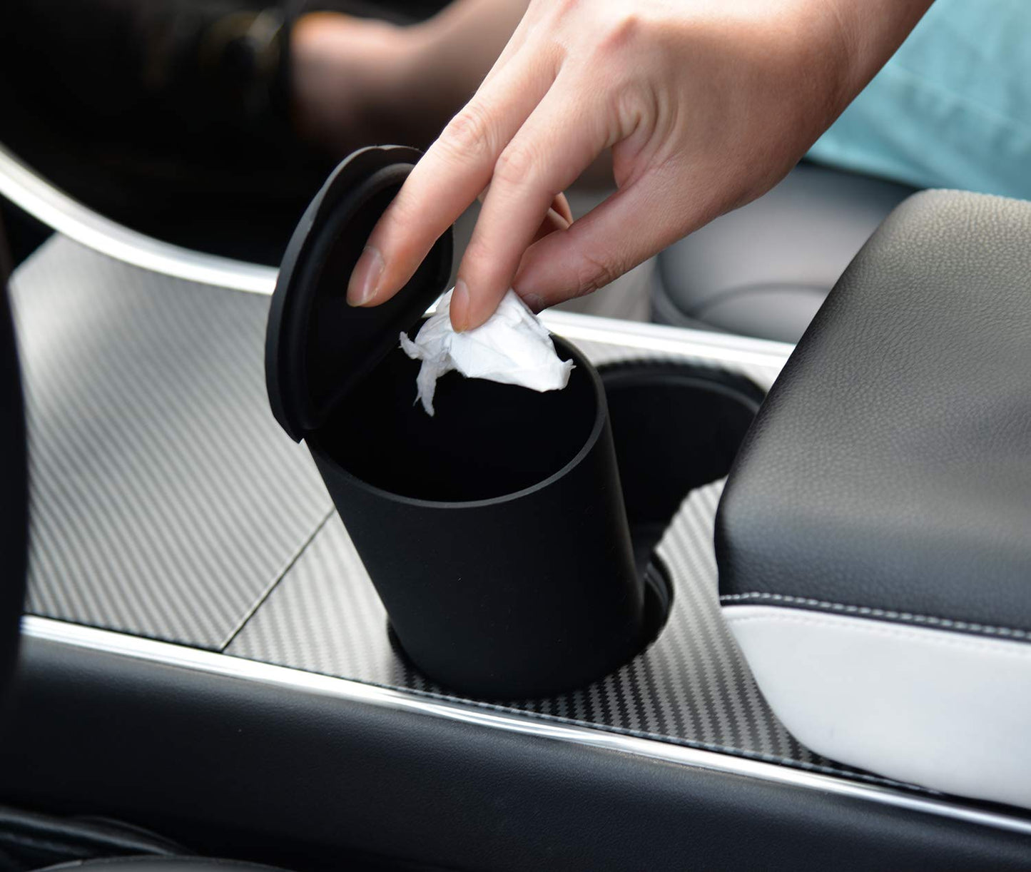 Silicone Trash Can with Lid - Car Cup Holder Trash Bin for Auto, Home, Office (Black)