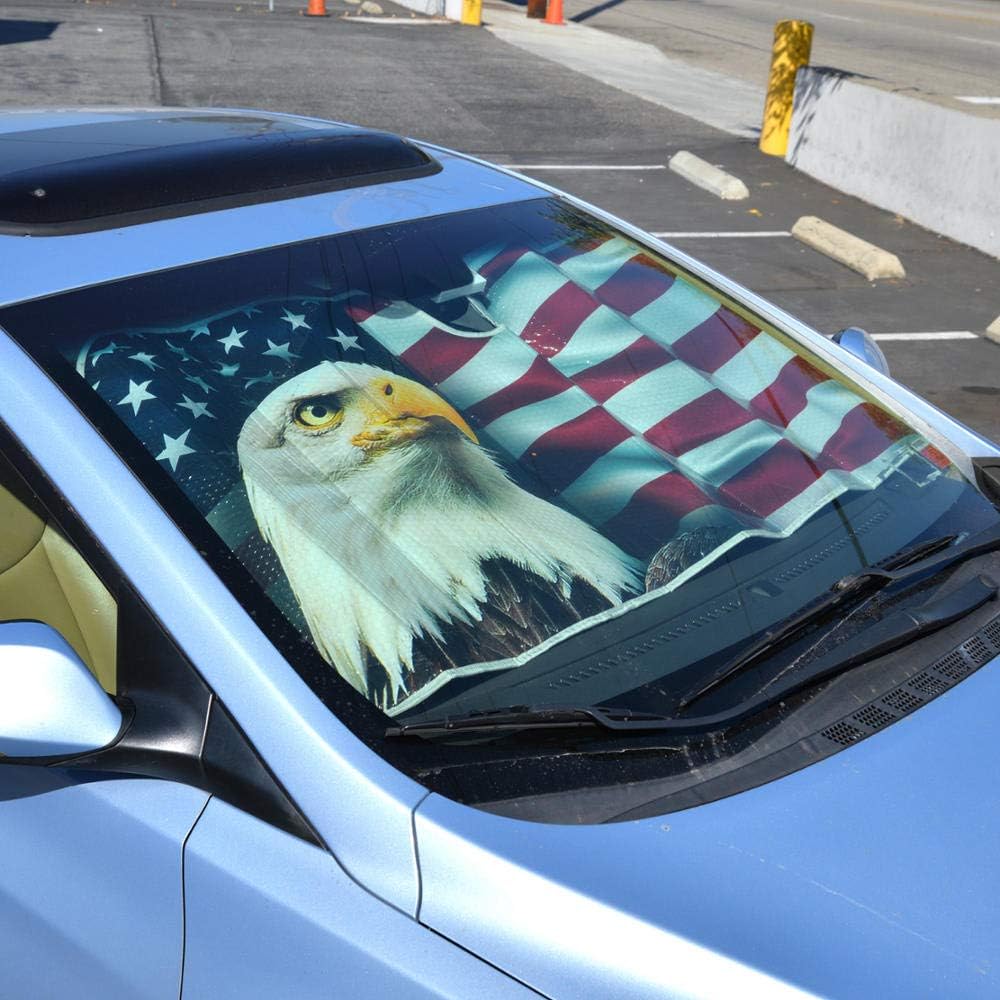 BDK USA Patriotic American Flag Sun Visor for Car Windshield Cover - Bald Eagle Truck Window Shade 4th of July Car Flag Sun Visor for Truck Windshield Sunshade - Accordion Windshield Sun Shade 58 x 28