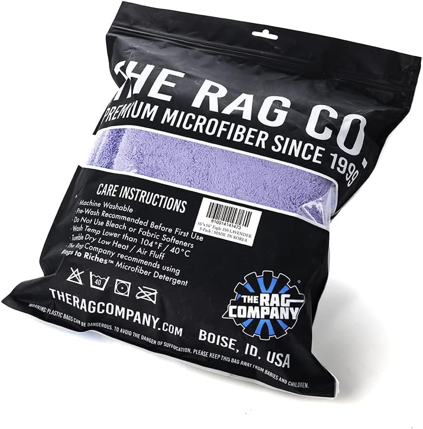 The Rag Company - Eagle Edgeless 350 (5-Pack) Professional Korean 70/30 Blend Super Plush Microfiber Detailing Towels, 350GSM, 16in x 16in, Lavender