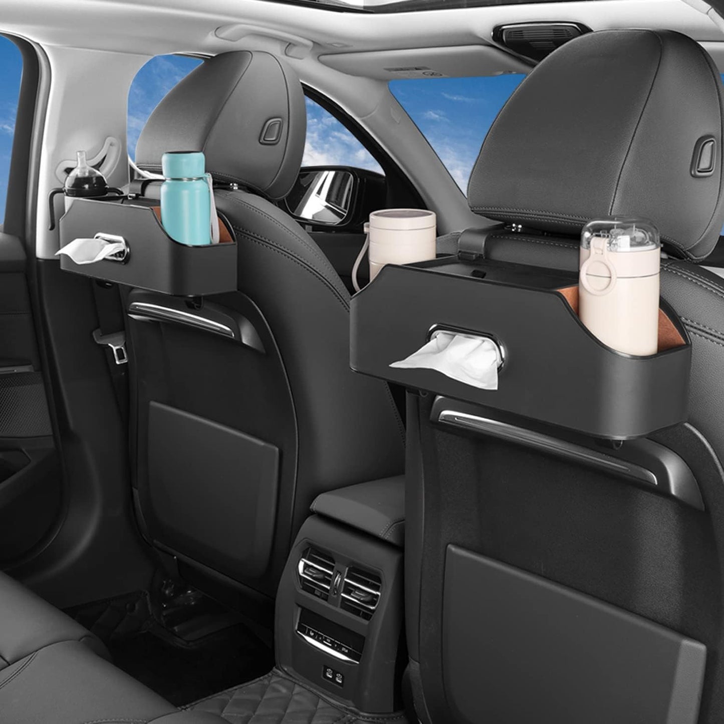 Car Seat Back Organizer - Stylish &amp; Functional Storage for Family Adventures - Cup Holders, Tissue Box &amp; Hooks - Perfect for Kids, Road Trips &amp; Travel (Black)