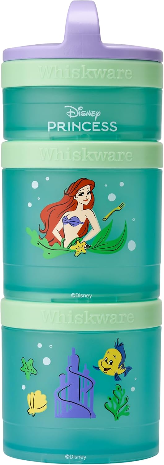 Whiskware Disney Princess Stackable Snack Containers for Kids, 3 Stackable Snack Cups for School and Travel, Ariel and Flounder