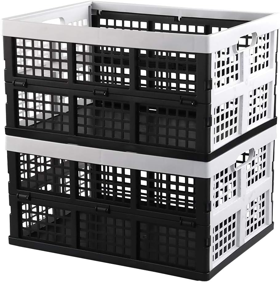 Hespama 35 Quart Folding Baskets, Plastic Collapsible Milk Crate, 2 Packs