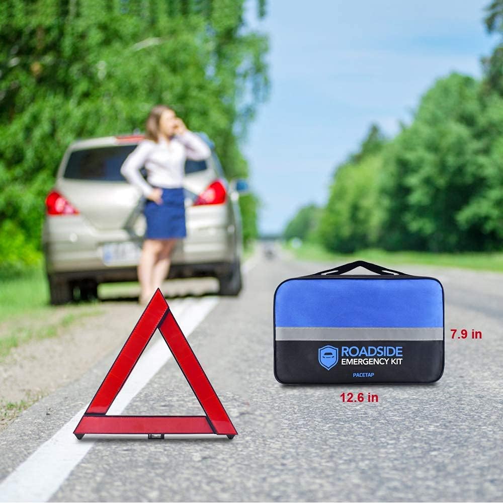 PACETAP Car Roadside Emergency Kit, Essential Auto Safety Road Side Assistance Tool Kit with Jumper Cables, Towing Rope, Triangle and More Winter Vehicle Accessories