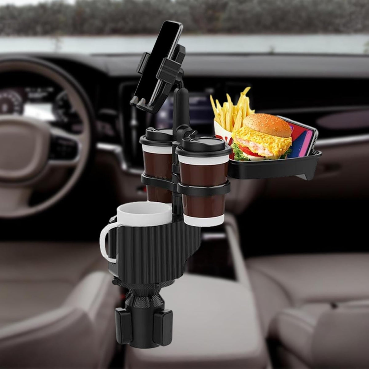 Cup Holder Tray for Car - 5 in 1 Adjustable Car Cup Holder Phone Mount with Food Tray, Holder Expander with 360°/180° Rotation, Automotive Extender Accessories for Auto Trucker Road Trip