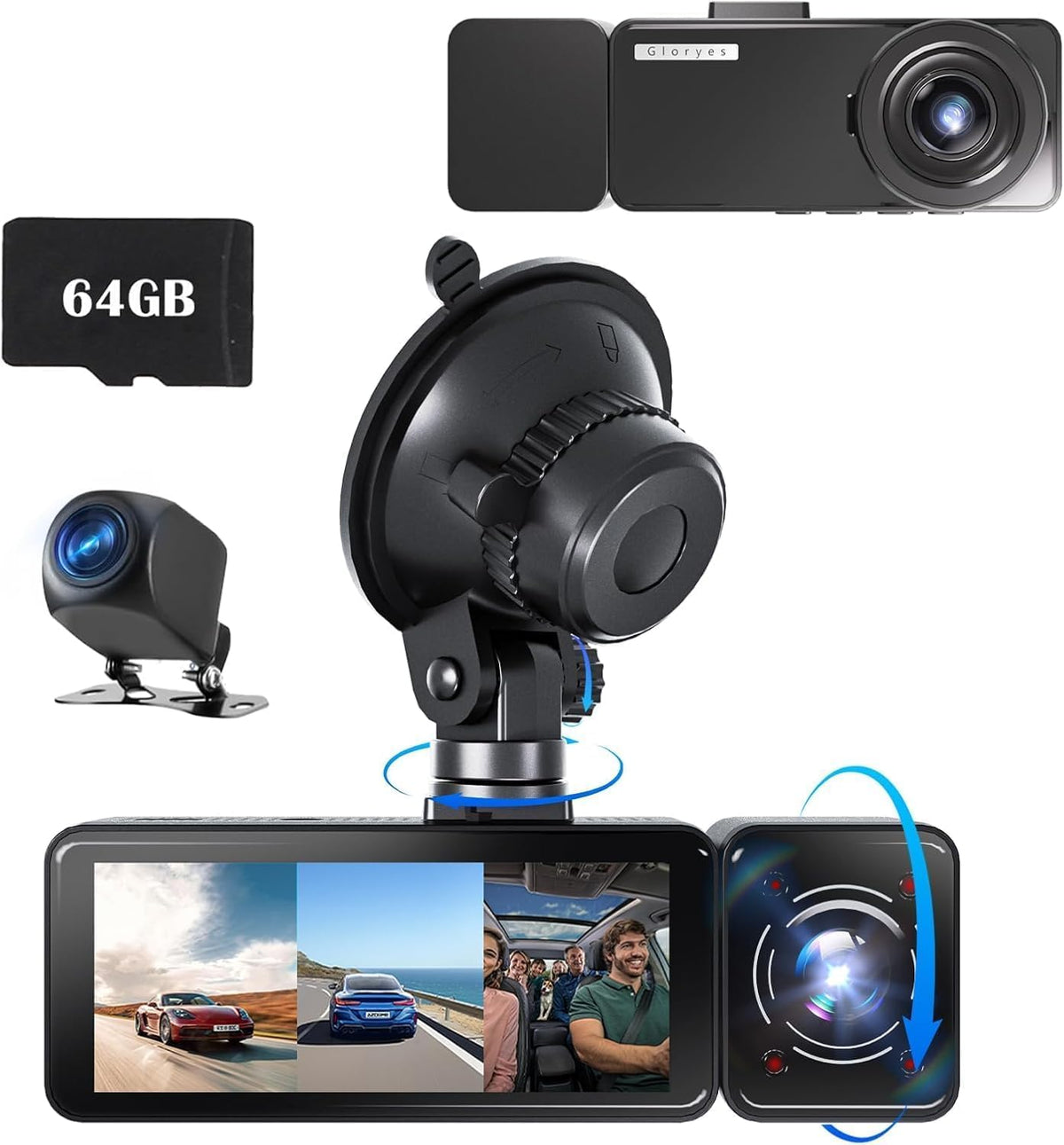3 Channel Dash Cam Front and Rear Inside, Triple Dash Camera for Cars, 2.5K UHD Dash Cam, 3.18" IPS Large Screen, IR Night Vision, 24/7 Recording Parking Mode Monitor, Free 64G SD Card