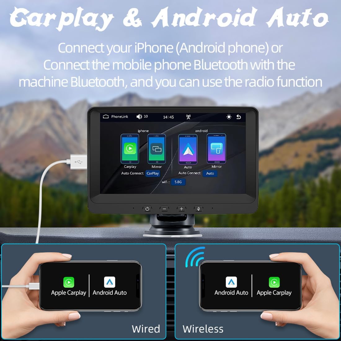 Wireless CarPlay Android Auto Screen, Portable Car Stereo 7 inch Touch Screen with Mirror Link, Bluetooth, FM Transmitter Music Video Player Built in Speaker+Reverse Camera
