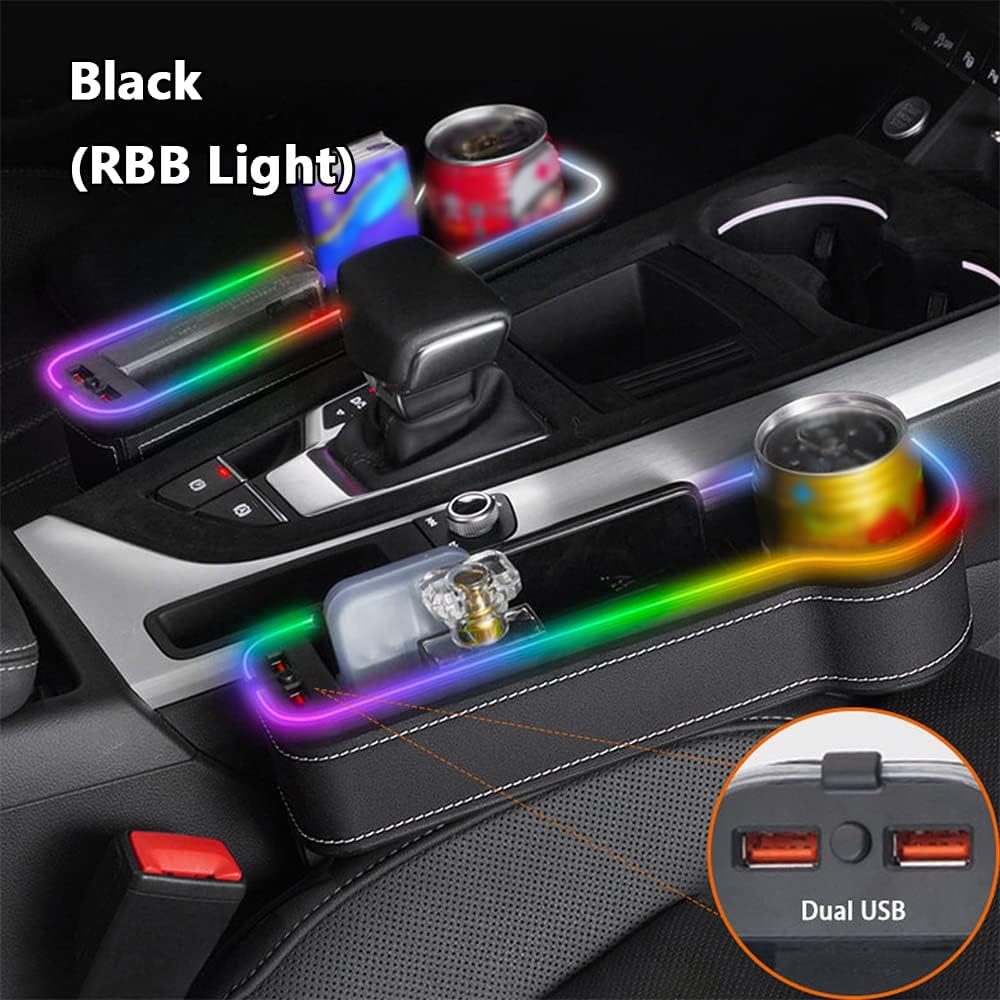 Car Seat Organizer Between Seats Cup Holder with LED Lights, Car Seat Gap Filler Organizer, Multifunctional Seat Gap Organizer Storage Box with USB Charge Port - Black (RGB Light)