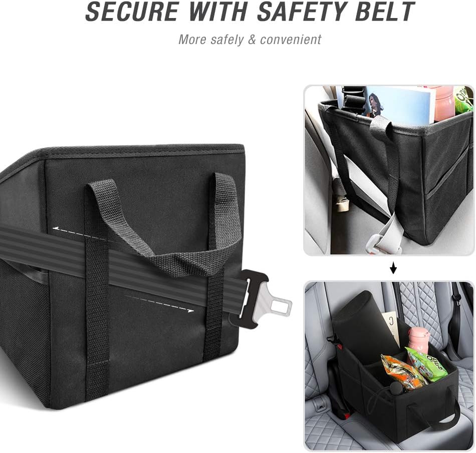 YOOFAN Car Seat Organizer - Passenger Seat Organizer, Collapsible Small Car Seat Storage Organizer for Console Front/Back, Automotive Backseat Organizer with Belt 4 Cup Holders for Kids Accessories