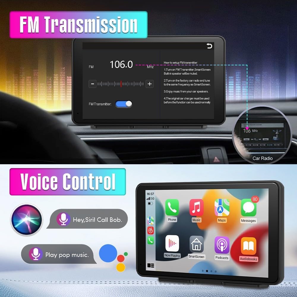 Kunfine Universal Portable Wireless Carplay Screen Android Auto, 7 Inch Touchscreen Wireless Car Play Screen AHD Reverse Camera for Car Support Airplay Voice Control FM Bluetooth AUX