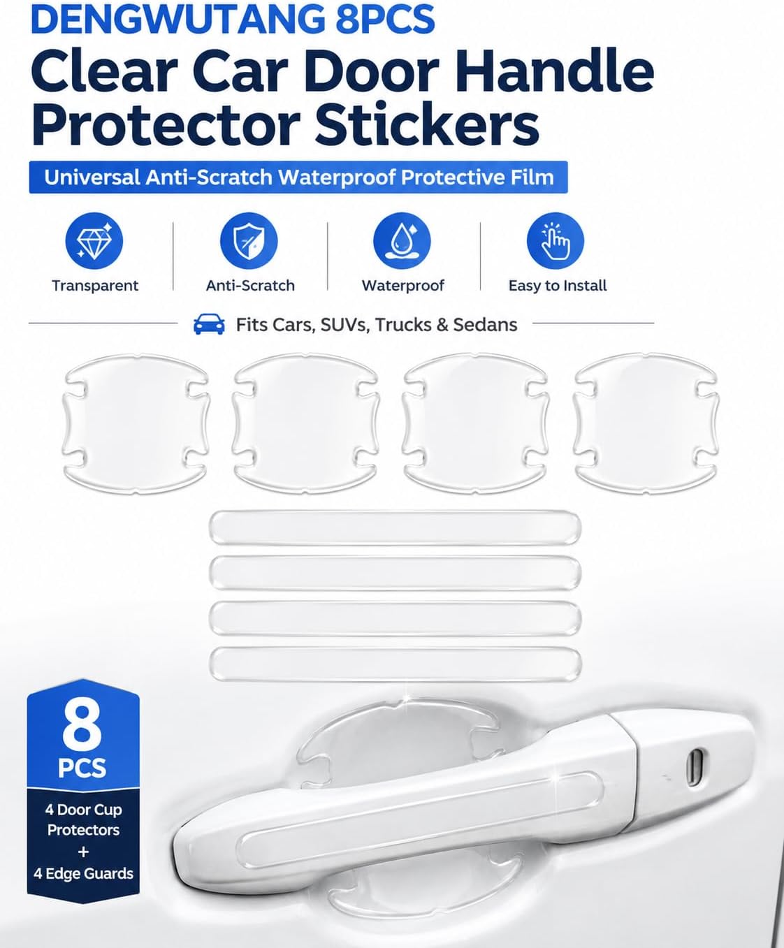 8PCS Clear Car Door Handle Protector Film Anti-Scratch Universal Fit