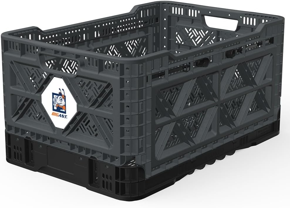 Bigant Heavy Duty Collapsible & Stackable Plastic Milk Crate - Snap Lock Foldable Industrial Garage Storage Bin Container Utility Tote Basket (Black, 1 Medium Crate)