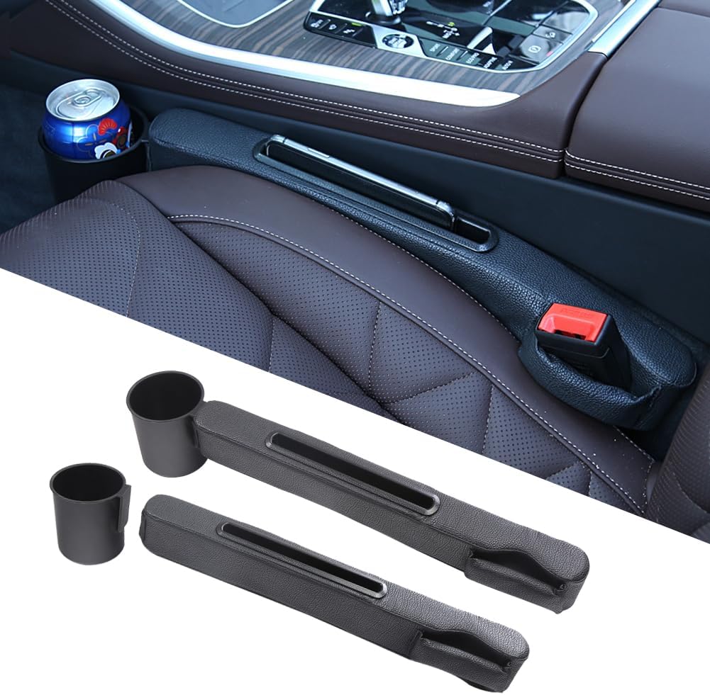 Advanced 3-in-1 Car Seat Gap Filler Organizer 2 Packs, PU Leather Console Side Storage Pad with Removable Cupholder, Anti-Slip Blocker for Phone Coins Keys