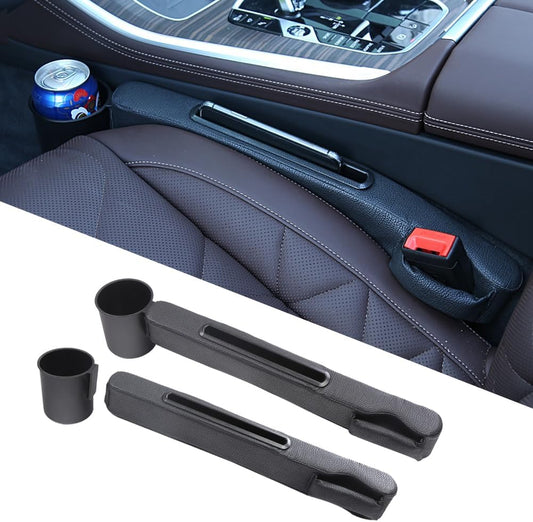 Advanced 3-in-1 Car Seat Gap Filler Organizer 2 Packs, PU Leather Console Side Storage Pad with Removable Cupholder, Anti-Slip Blocker for Phone Coins Keys