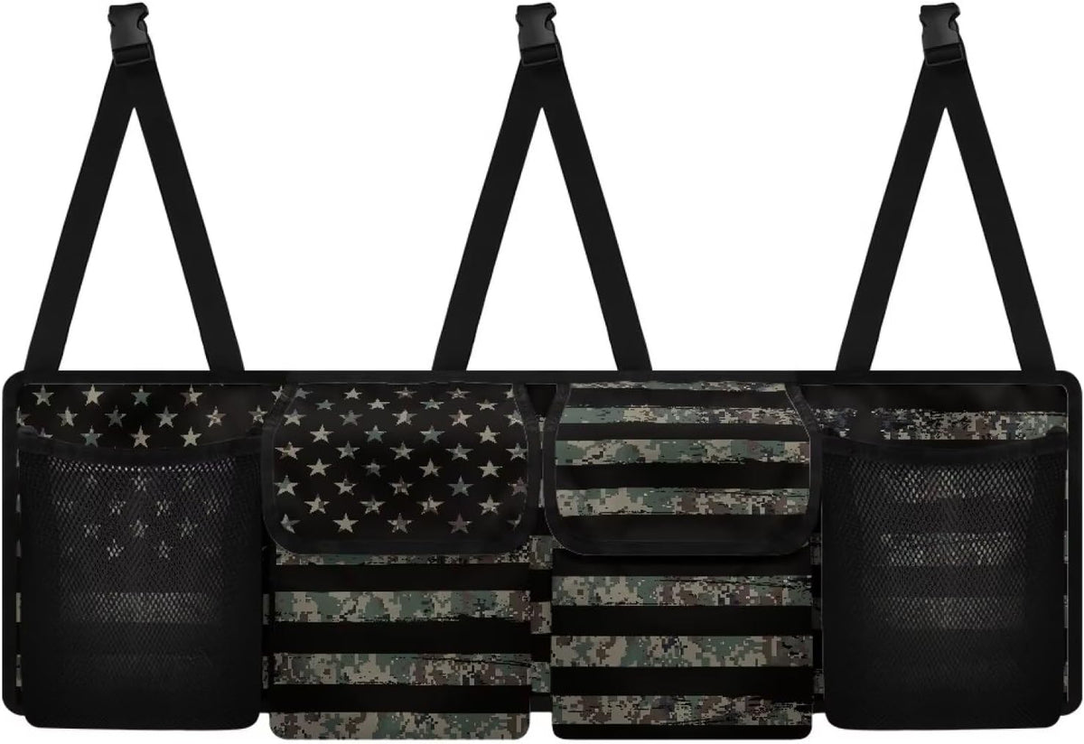 Patriotic Car Backseat Trunk Hanging Organizer for Men Suv Trunk Organizer Green Camo American Flag Cargo Storage Bag,4 Compartments