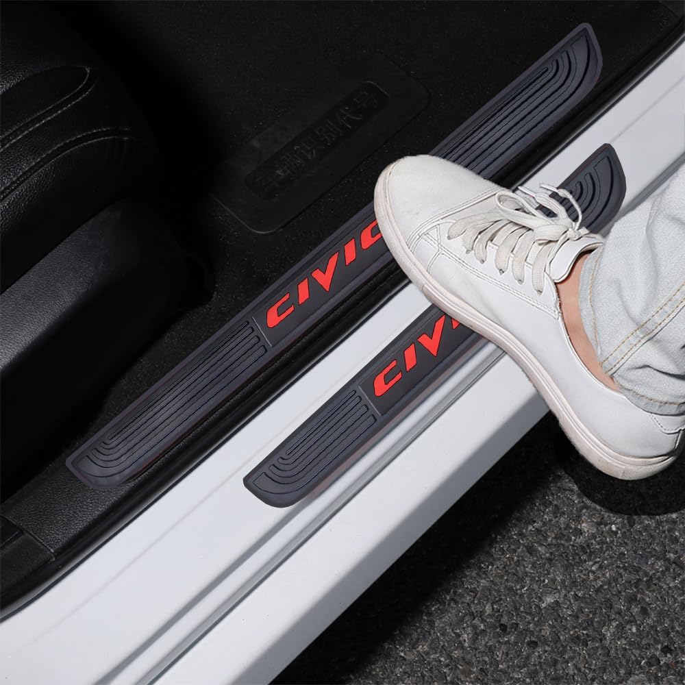 4pcs/Set Car Door Sill Plate Protectors - Black Soft Rubber Front/Rear Door Sill Scuff Plate Guard, Door Pedal Protector Stickers fit for Honda Civic (red)