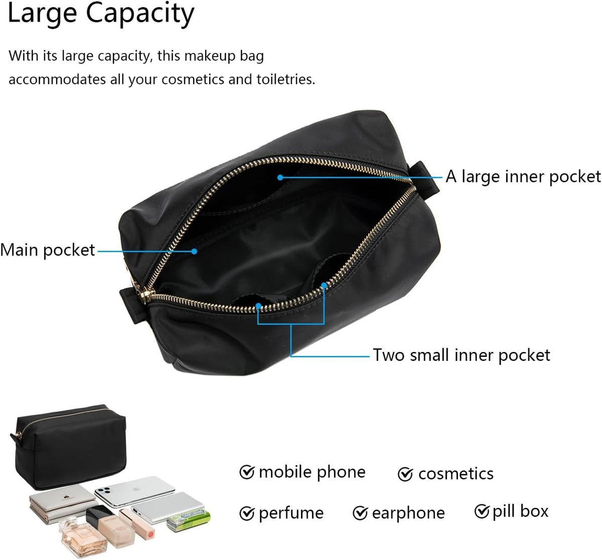 Travel Makeup Bag, Ring Clasp Wristlet Organizer (Black)