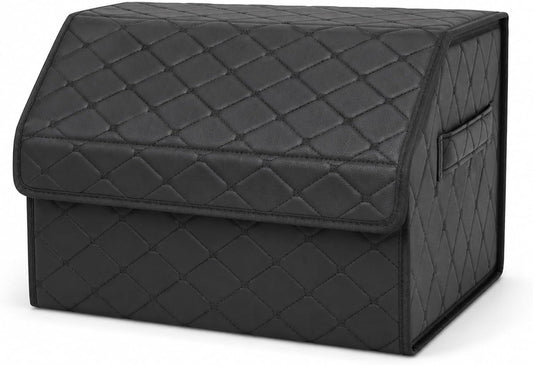 2Pack Leather Trunk Organizer for SUV & Sedans - Extra Large Foldable Car Storage Box with Lid, Adjustable Removable Dividers and Carry Handle, Collapsible Auto Cargo Organizer Black