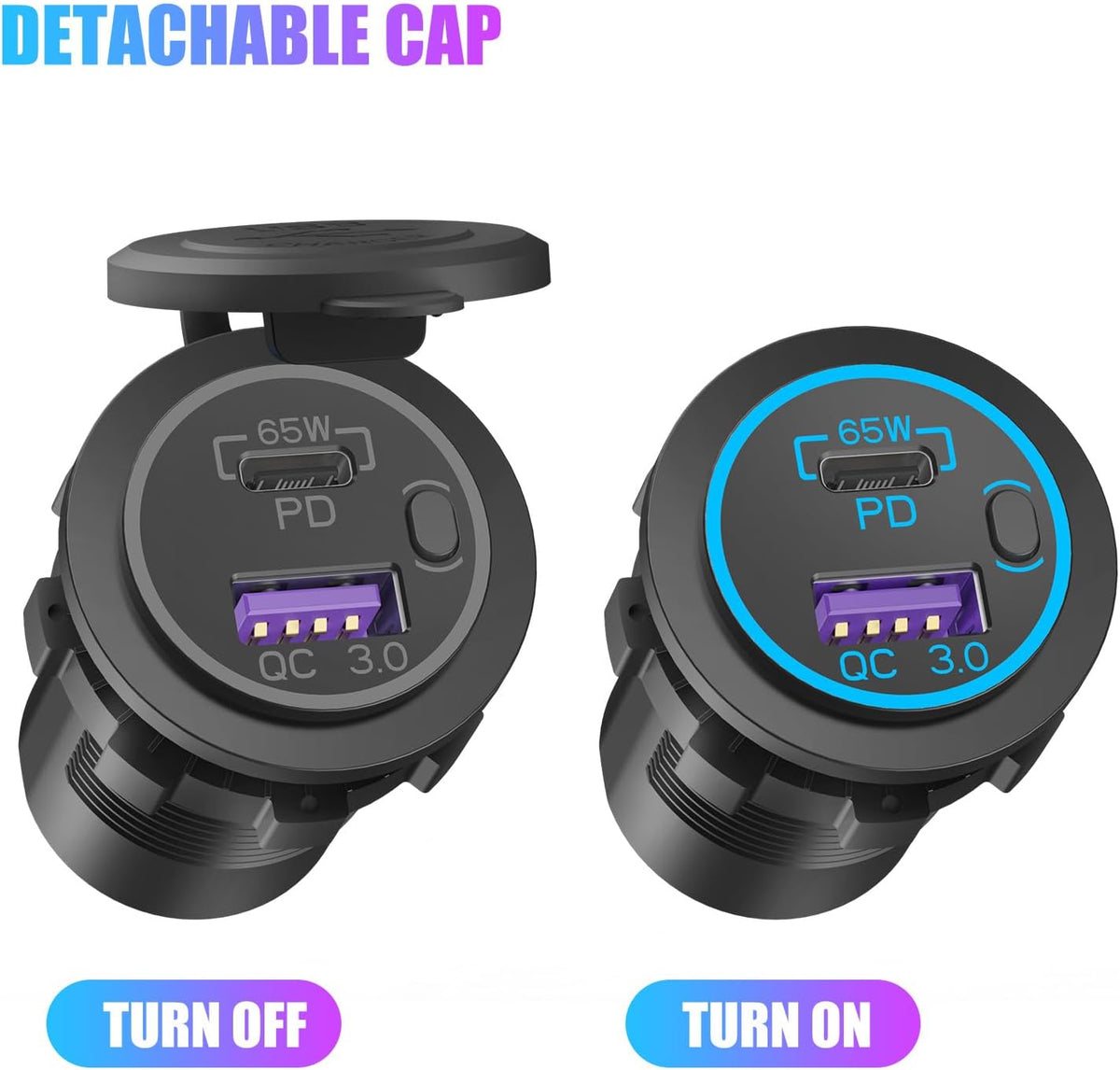 Boostable 12V USB C Outlet 65W PD3.0 Port and 18W Quick Charge 3.0 Car USB Charger Socket for Laptops Tablets Phones, Waterproof 12V/24V Socket with Power Switch for Car Marine Boat Motorcycle RV