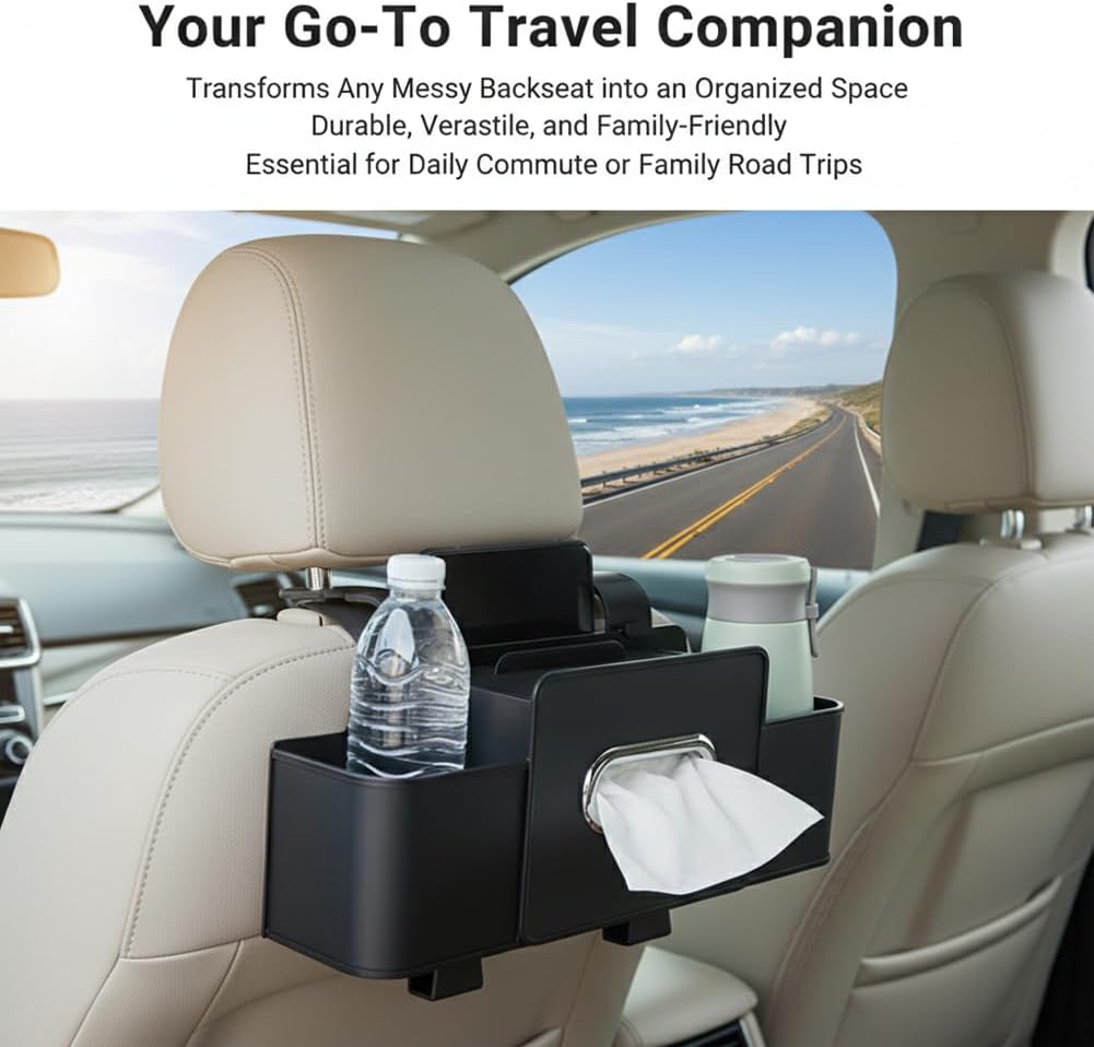Car Backseat Organizer, Multifunctional Car Seat Back Storage Bag with Cup Phone Holder Tissue Box, Durable Automotive Travel Accessories, Universal for SUV, Sedan, Truck(COLOR:Black)