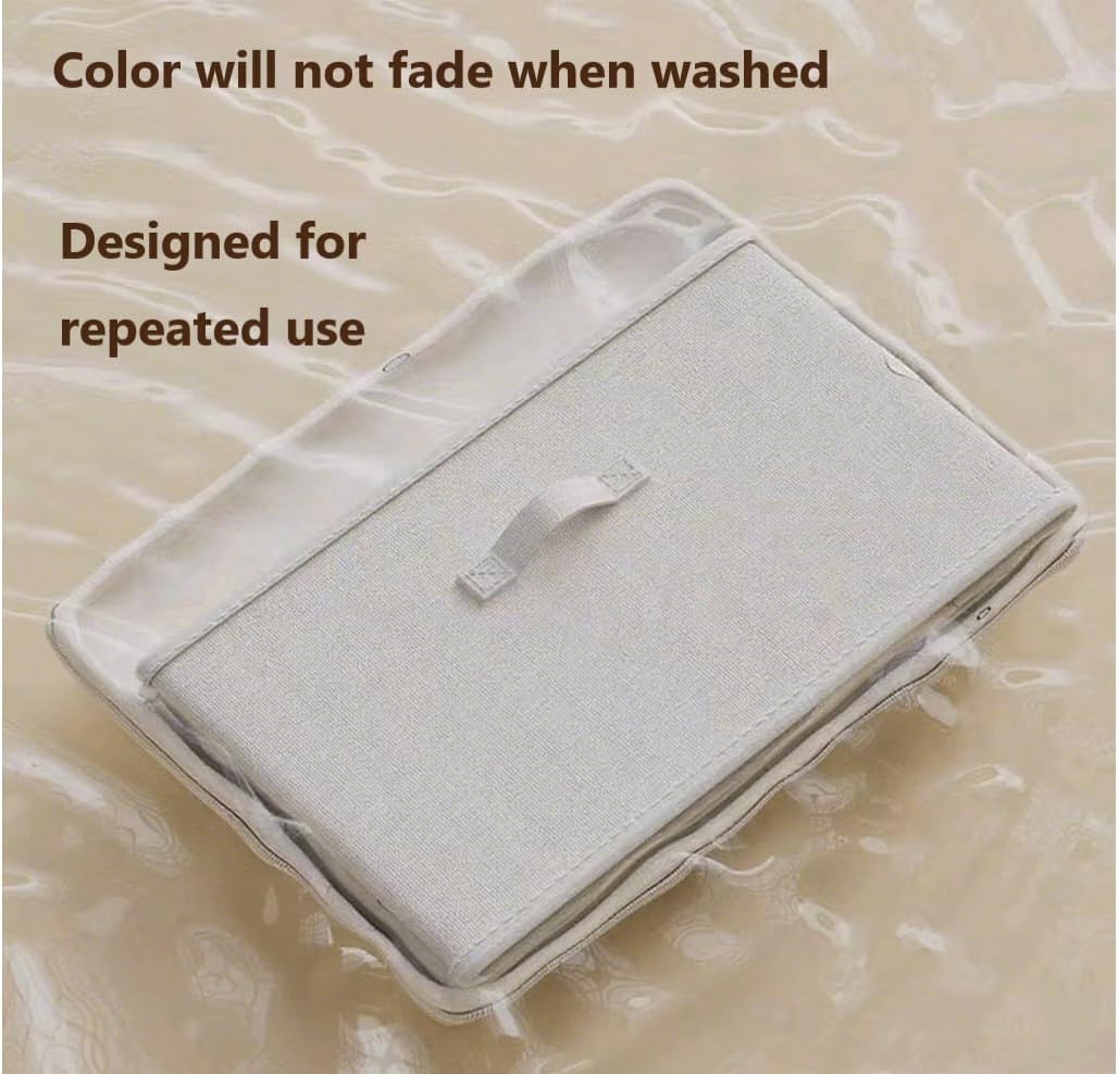 [3 Pack] Beige Cotton Linen Collapsible Storage Bins for Home Organization, Waterproof Fabric Foldable Organizer Boxes, 17.72 x 13.78 x 10.24 Inches, Zippered Flap & Handle (Large)