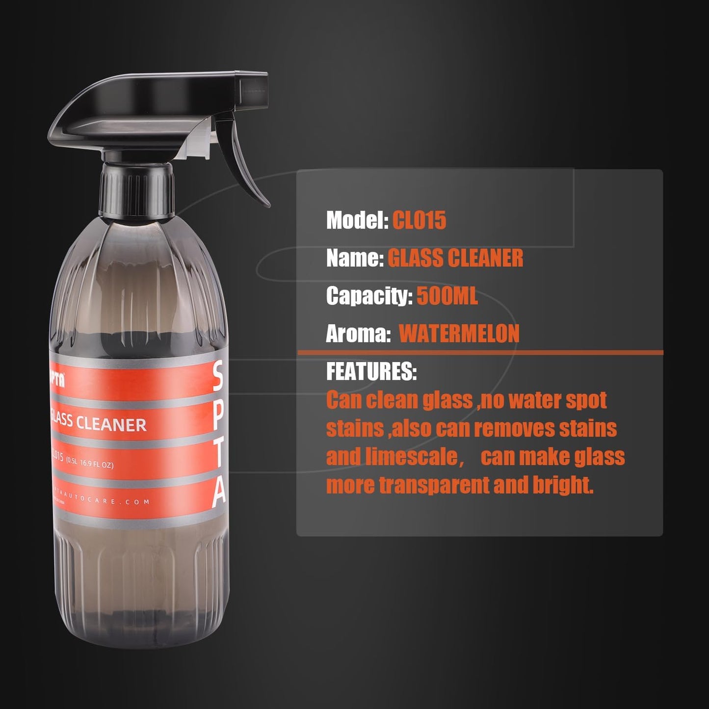 SPTA Glass Cleaner, 16oz 500ml Streak Free Glass and Window Cleaner - Works on Glass, Windows, Mirrors, and Screens, Ammonia-Free and Safe on Tinted Windows, for Cars,Trucks,SUVs, and Home Use -CL015
