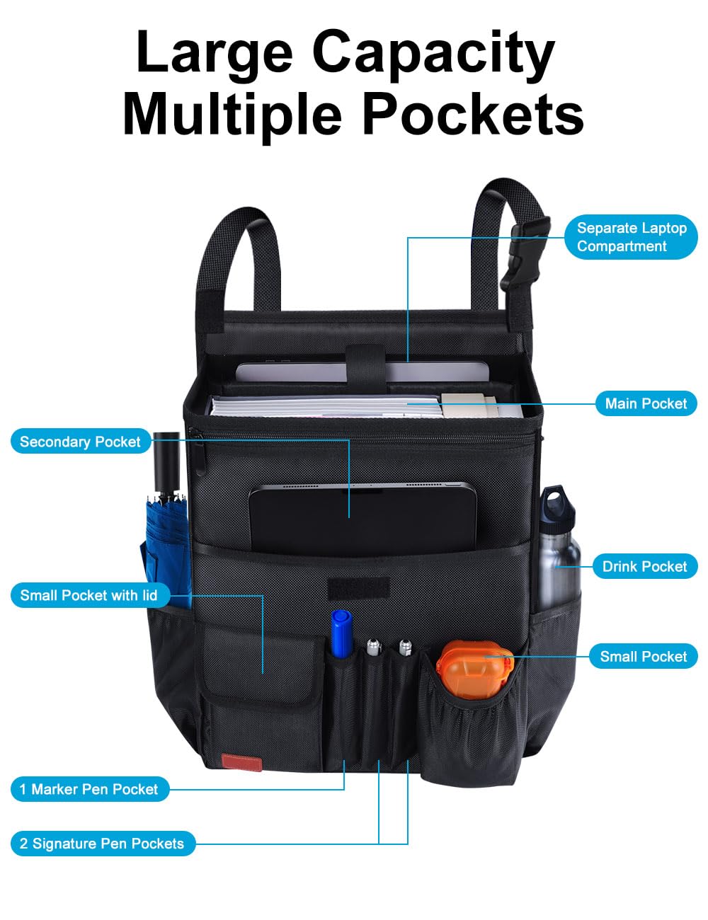 Smof Car Organizer for Front Seat - Hanging Car Seat Storage Organizer for Office/Kids/Truck,Multiple Pockets Car Seat Organizer with Separately Pokect for Laptop, Cup Holde & Travel Accessories