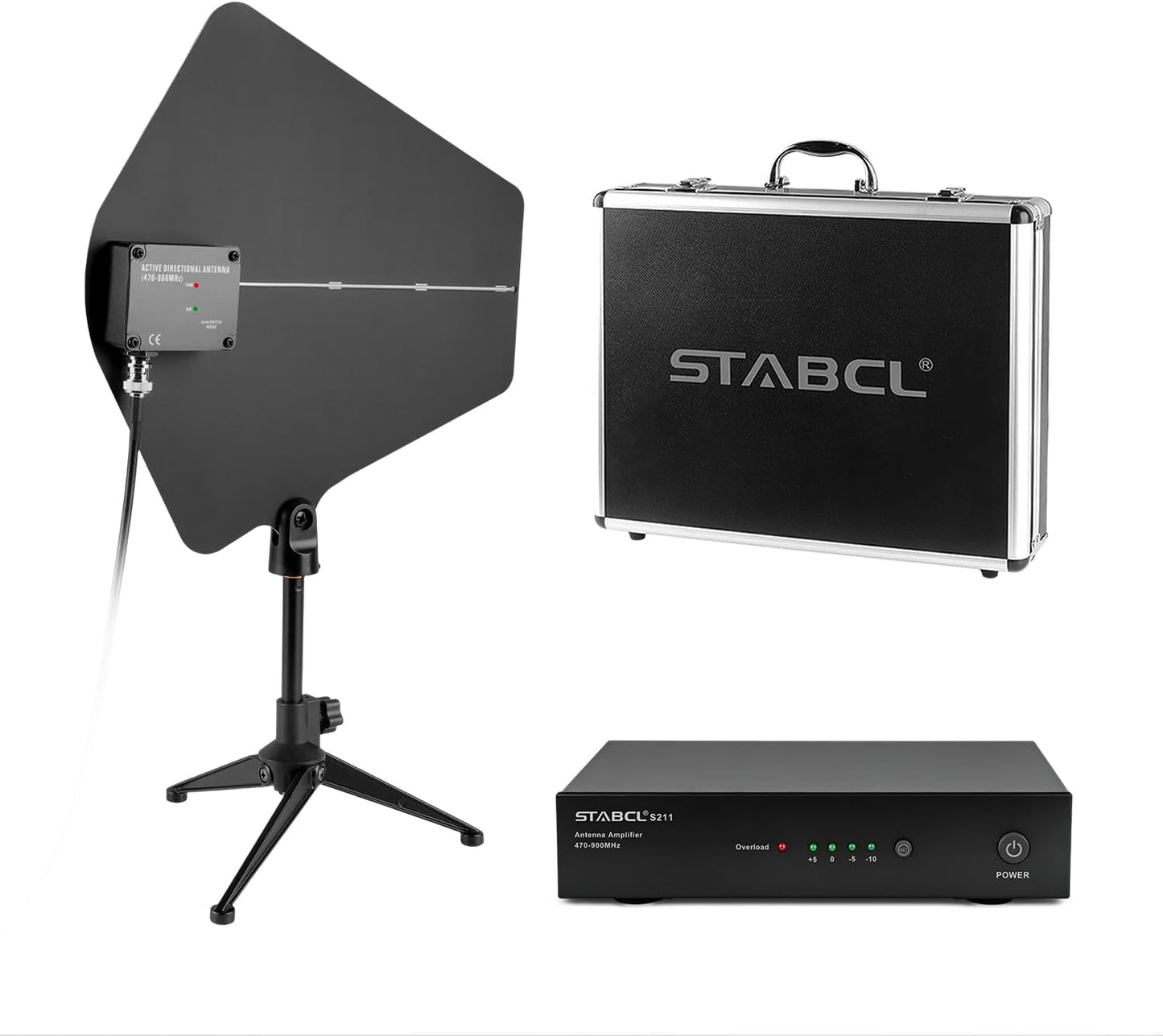 UHF Antenna Distribution System Bundle with Carry Case, Active Directional Receivers with 4 Outputs + 1 Cascade Ports, Power Distribution System for Wireless Microphone with Antenna Paddle