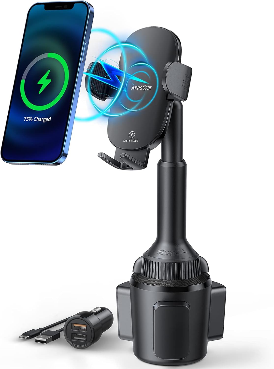 APPS2Car 15W Qi Fast Wireless Car Charger Solid Cup Holder Phone Mount