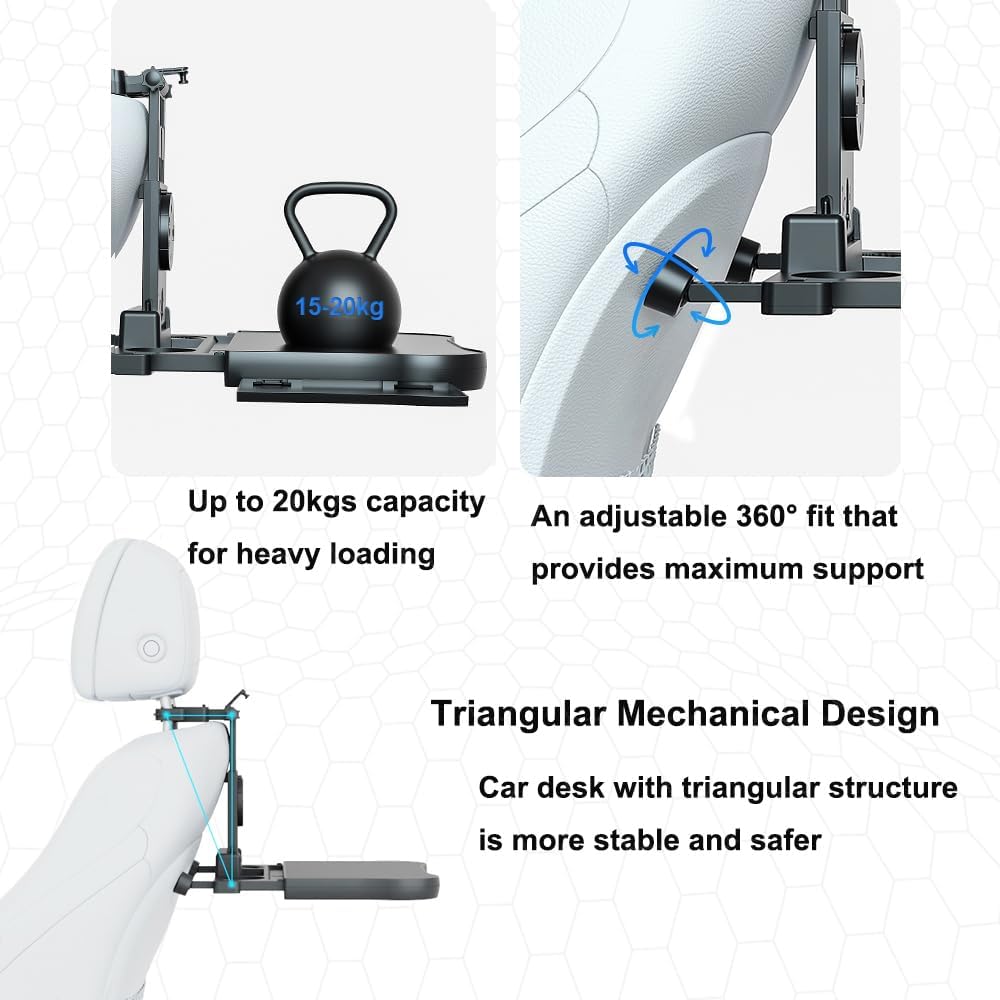 Car Back Seat Tray with Extendable Table, Car Travel Desk for Laptop with Phone Holder, Foldable Trays for Eating & Working, Car Travel Tray Table for Rear Passenger