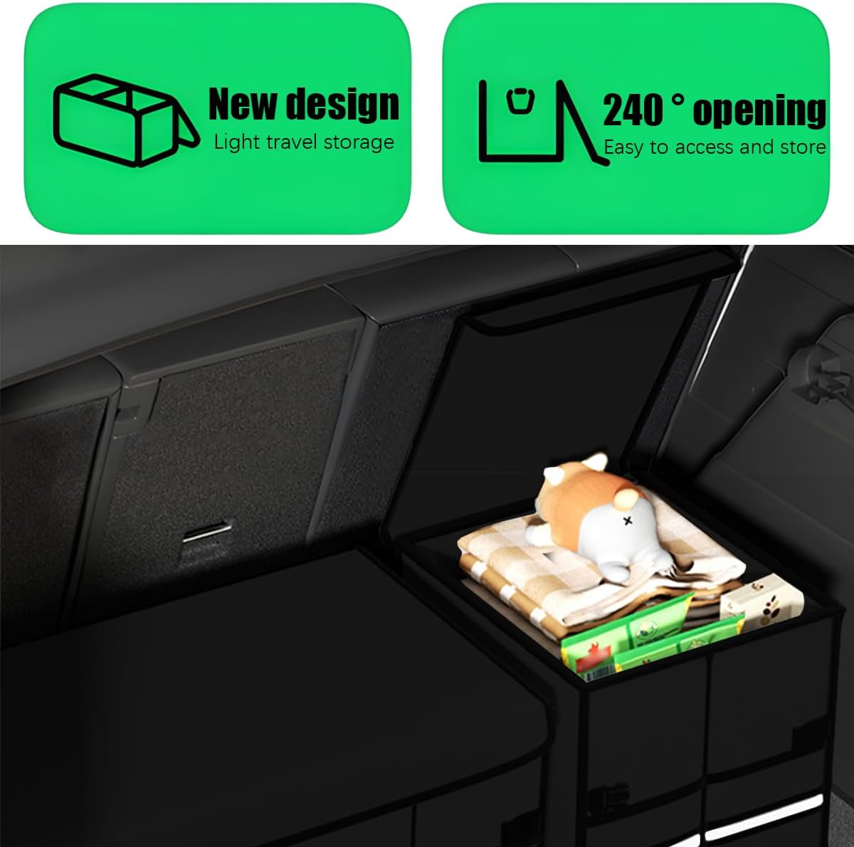 Car Trunk Organizer, Multi-Compartment Collapsible Vehicle Cargo Storage Organizer with Lid, Non Slip Waterproof Storage Box with Reinforced Handles, Universal Automotive Accessories (Black)