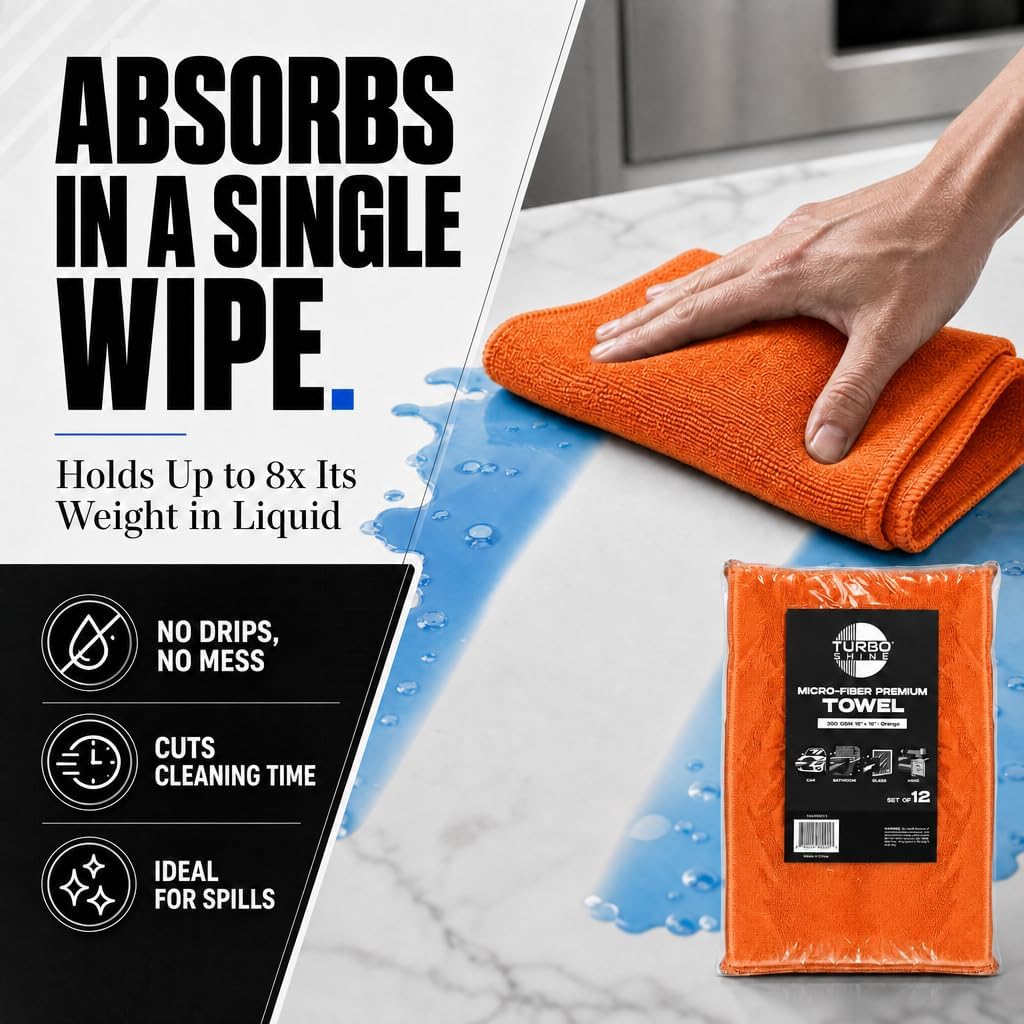 Premium Microfiber Cleaning Towels, 350 GSM, 16x16 Inch, 12 Pack, for Car, Glass, Bathroom and Home (Orange, 16" x 16")