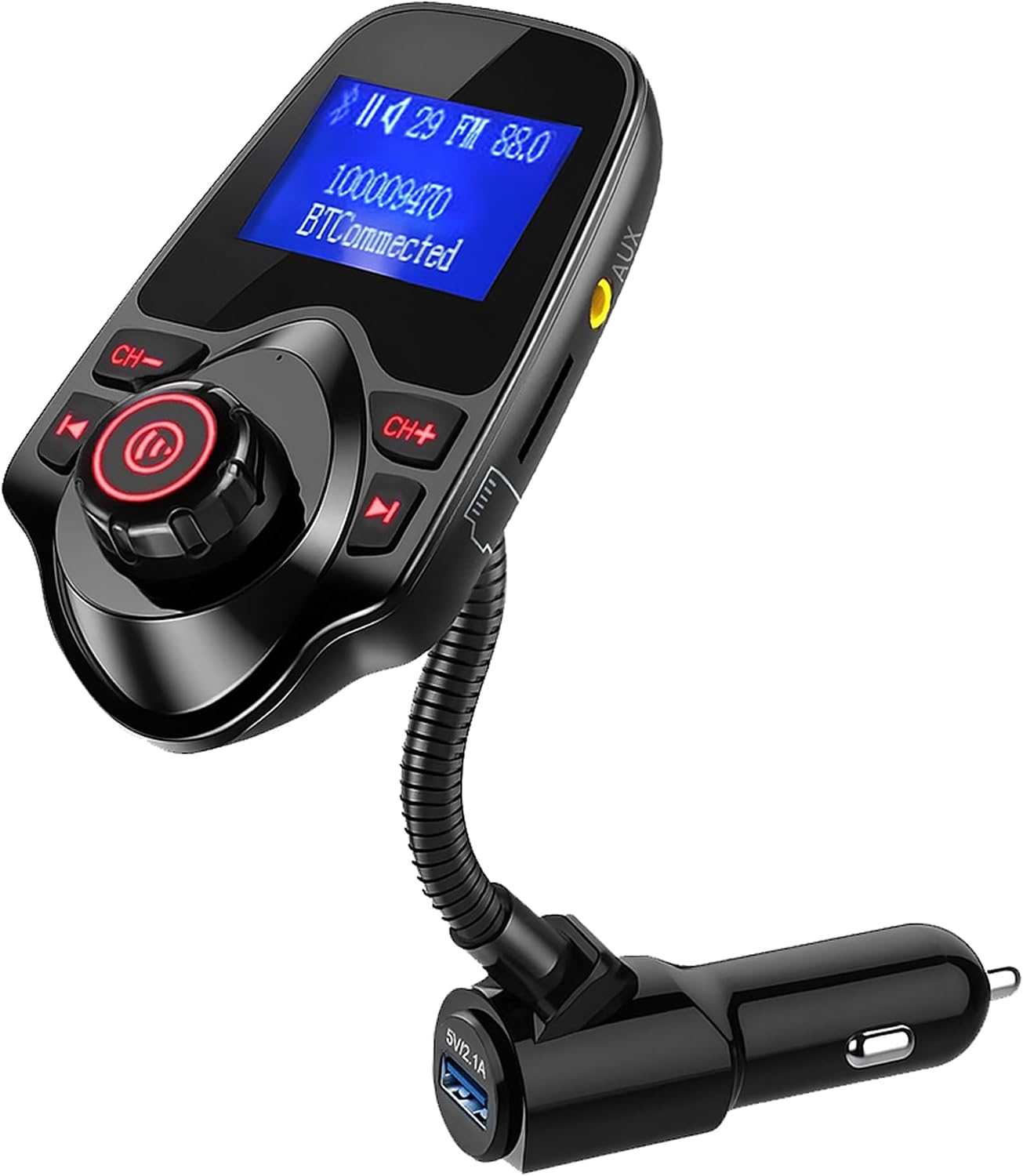 ONN FM Transmitter for Car - Bluetooth Car Adapter, Dual USB Fast Charging, Stable Bluetooth 5.0, 1.44" LCD Display, Hands-Free Calling, Flexible Gooseneck, AUX & MicroSD, 12V-24V, Black