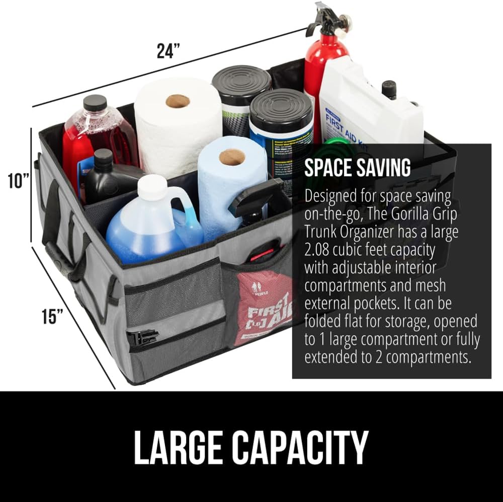 GORILLA GRIP Trunk Organizer for SUV and Cars, Large Capacity Collapsible Car Trunk Storage Organizer, Heavy Duty Car Accessories, Gifts for Mom and Dad, Slip & Water Resistant Multi Compartment Gray