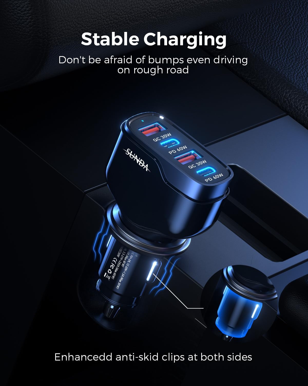 SUNDA 120W USB C Fast Car Charger, USB C Car Phone Charger, 4-Port (2 USB-C + 2 USB-A) PD 3.0/60W PPS QC 3.0, Cigarette Lighter USB Charger Adapter for Road Trip iPhone/Samsung/Google Pixel/iPad