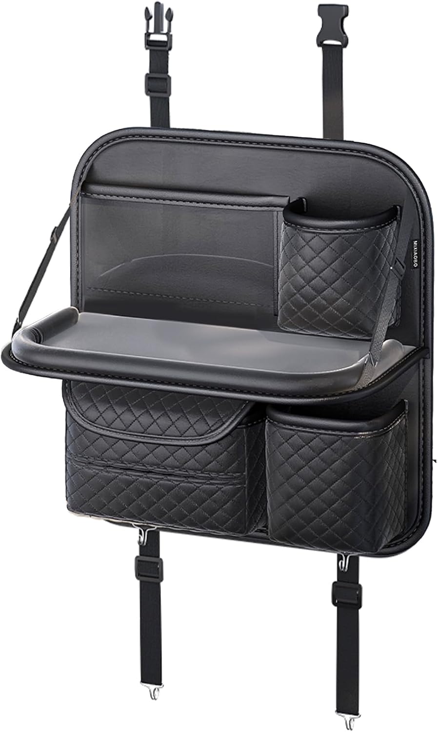 PU Leather Backseat Car Organizer with Foldable Tray & Tablet Holder, Luxury Diamond Stitching Design, Universal Car Seat Storage Organizer for Kids & Family Travel Accessories, Black