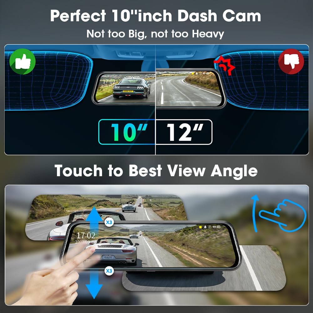 Upgraded 10'' Rear View Mirror Camera Mirror Dash Cam Front and Rear 1080P Backup Camera Full Touch Screen w Loop Recording, G-Sensor Night Vision 170° Wide Angle