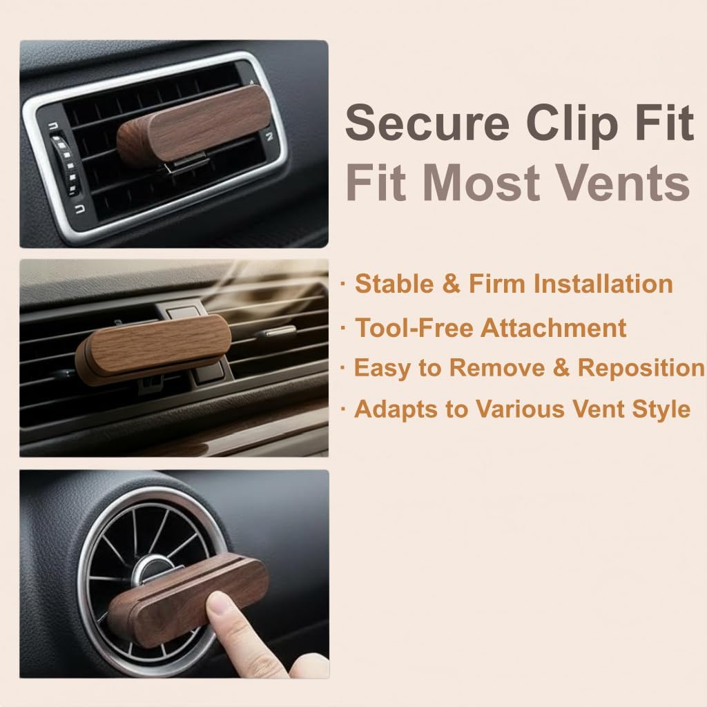 2 PCS Car Essential Oil Diffuser Vent Clip, Wooden Aromatherapy Diffuser with 10 Unscented Refill Fiber Sticks, Reusable Custom Scent Car Air Freshener, Premium Car Interior Accessories