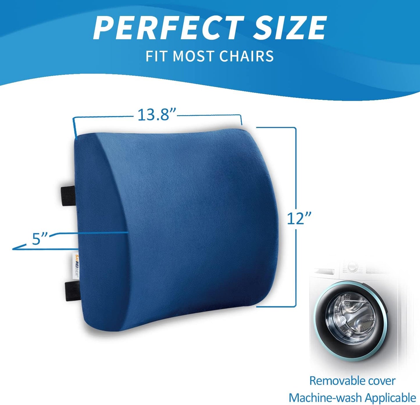 SAIREIDER Office Chair Lumbar Pillow, Memory Foam Back Support Pillows for Car、Gaming Chair、 Home Chair, Fatigue Relief Correct Posture, Double Adjustable Straps(Navy Blue)