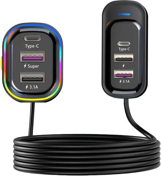 USB C Car Charger, Cigarette Lighter USB Charger, 81W Multiport 6-Port 5FT