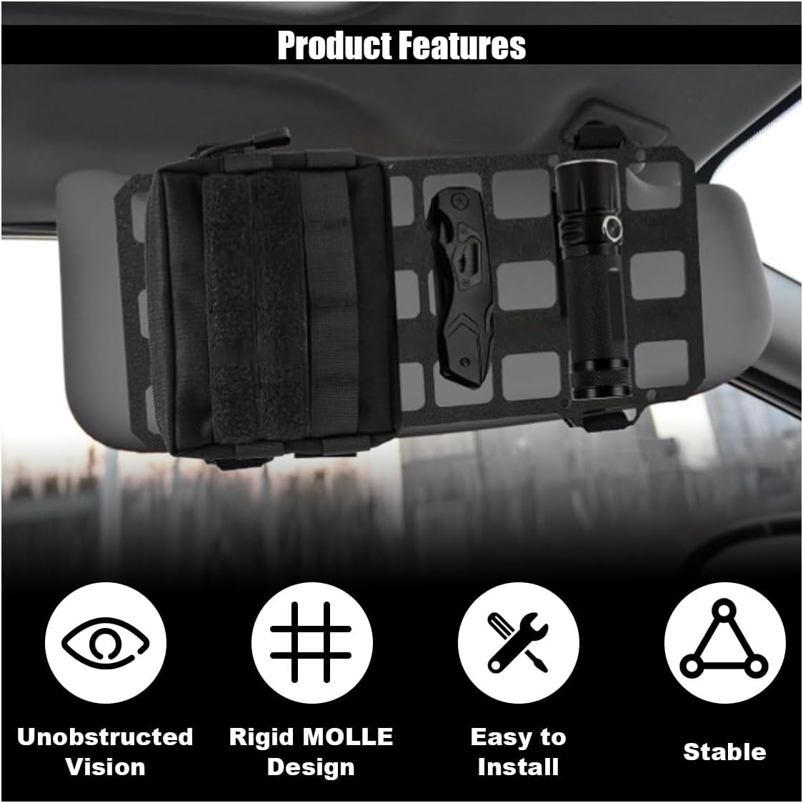 Vehicle Rigid MOLLE Panel, Tactical Gear Car Sun Visor Organizer, EDC Pouch Tool Holster, Storage Holder Visor for Truck Equipment Mount Plate Modular Storage Shelf (Visor Panel)