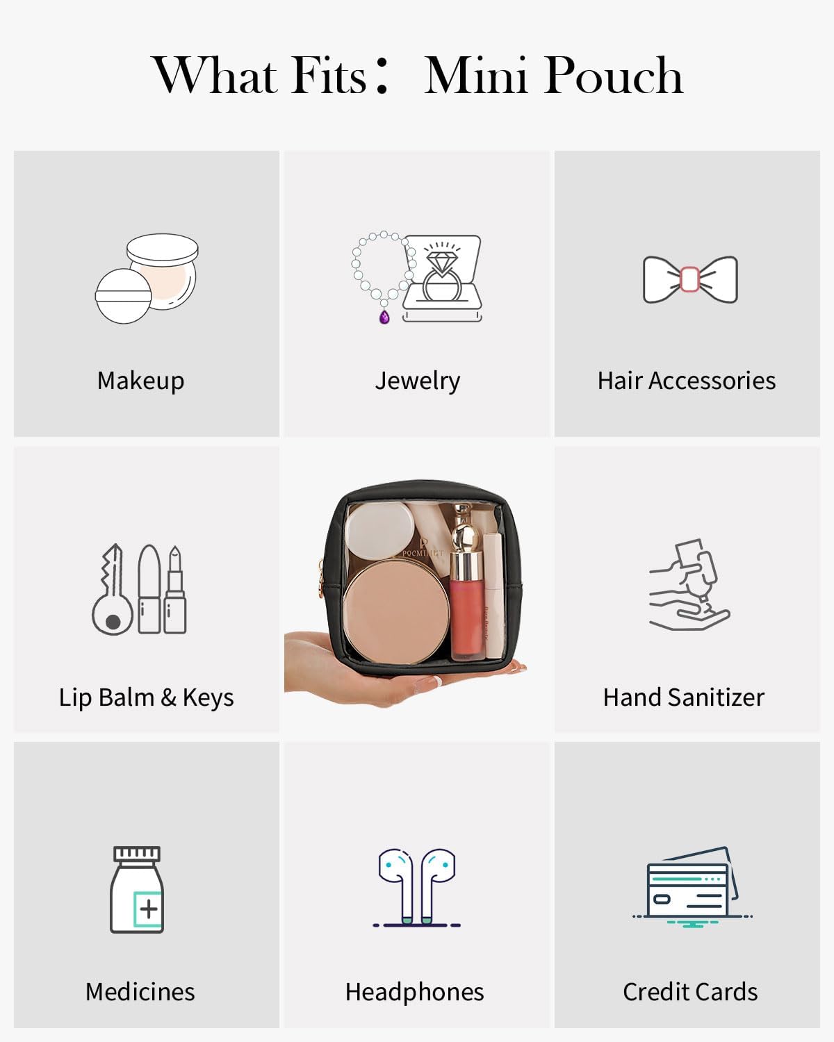 Pocmimut Clear Makeup Bag, Easy to Find Mini Makeup Bag for Purse, Travel Makeup Bag for Car, Compact Cosmetic Pouch for Daily Essentials,Black