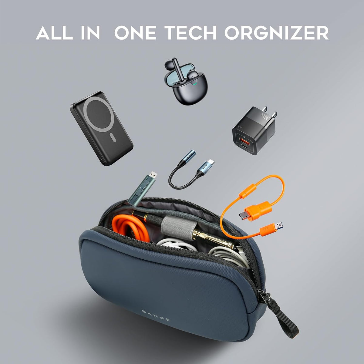 BANGE Cable Organizer Travel Case, Tech Pouch for Traveling Accessories, Carry Storage for Cords, Charger, Adapter, Cables, Power Bank