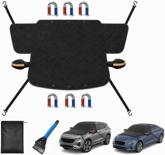 Windshield Snow Cover for Cars and SUVs, 600D Oxford Magnetic Car Windshield Cover for Ice and Snow, 4 Wheel Straps, 6 Magnets, Mirror Covers, Ice Scraper and Storage Bag